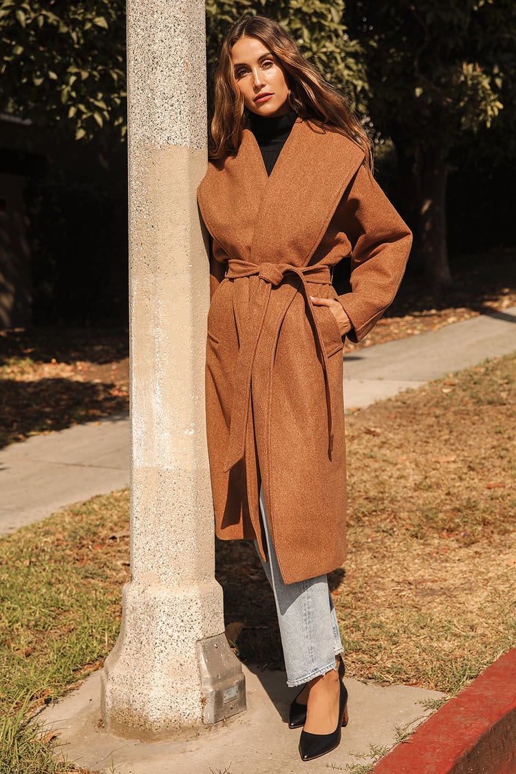 Brown Coat - Tie Coat - Robe Coat - Belted Midi Coat - Lulus