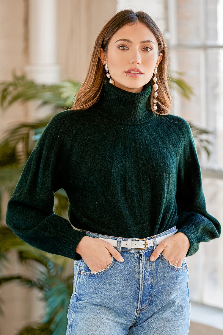 Dark Green Sweater - Turtleneck Sweater - Balloon Sleeve Sweater - Lulus