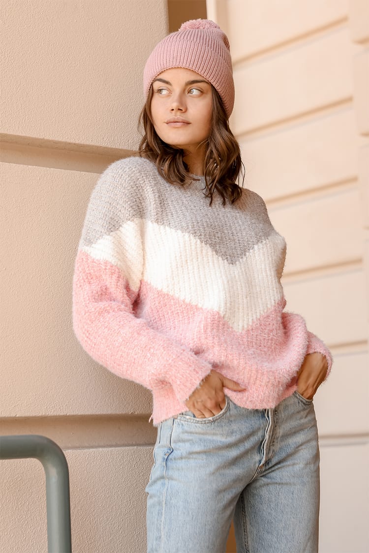 Color Block Sweater - Chevron Sweater - Grey Sweater - Lulus