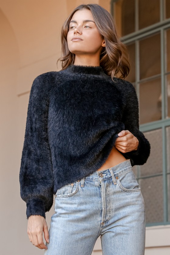 Black Eyelash Knit Sweater Fuzzy Sweater Pullover Sweater Lulus