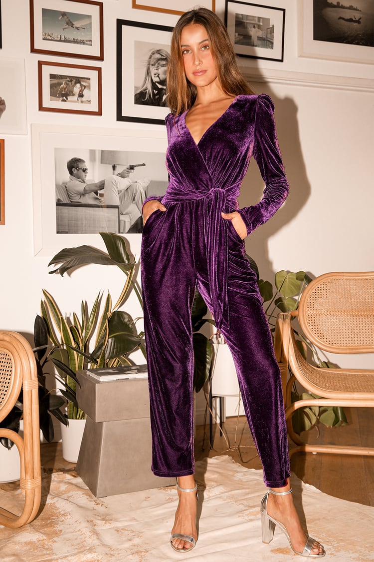 Purple Velvet Jumpsuit - Surplice Jumpsuit - Faux Wrap Jumpsuit - Lulus