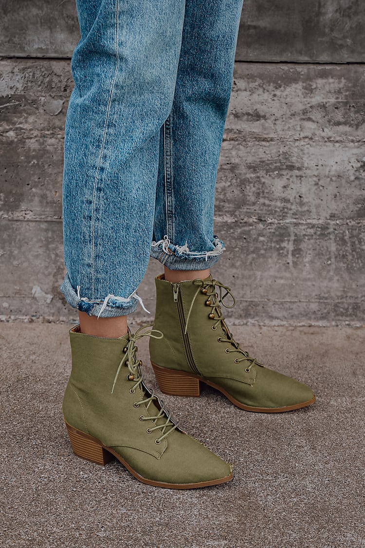 Olive Green Booties - Lace-Up Booties - Fabric Booties - Boots - Lulus