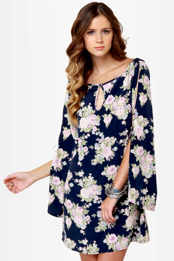 Cute Floral Print Dress - Shift Dress - Navy Blue Dress - $41.00 - Lulus
