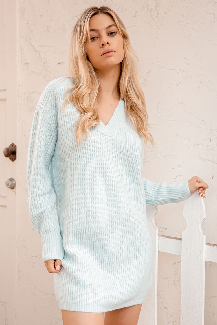 Blue Sweater Dress - V-Neck Sweater Dress - Shift Sweater Dress - Lulus