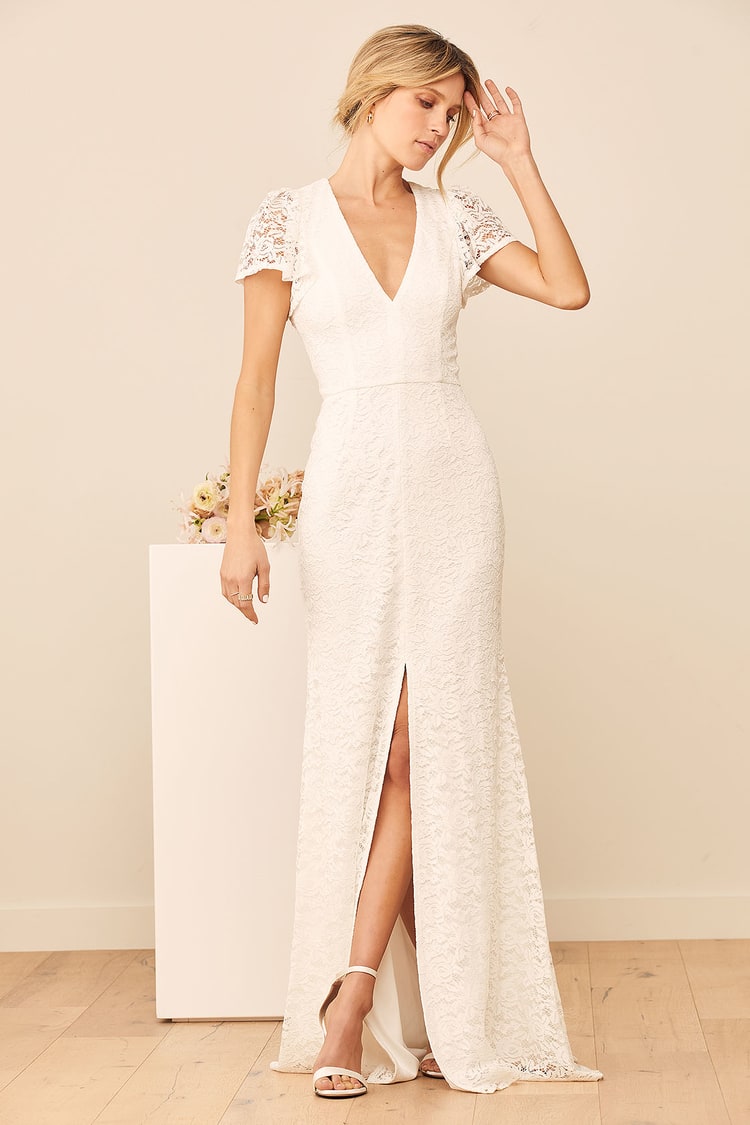White Lace Bridal Gown - Mermaid Maxi Dress - V-Neck Lace Dress - Lulus