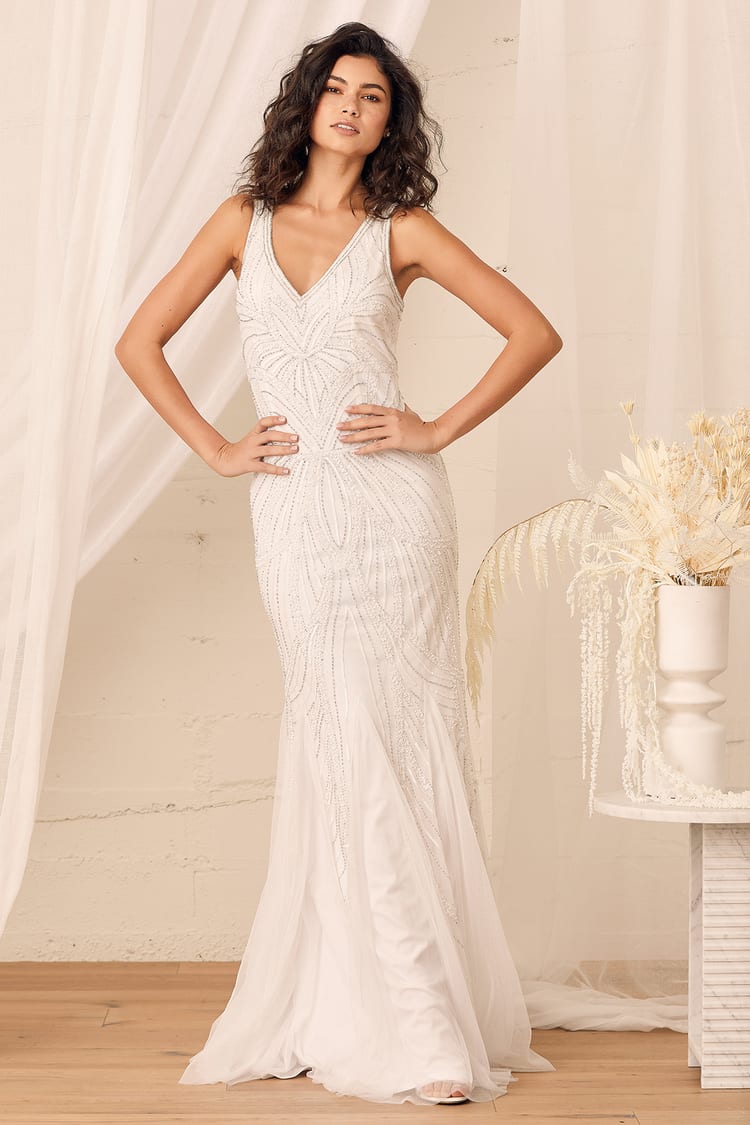 White Gown - Beaded Sequin Dress - Mermaid Maxi Dress - Lulus