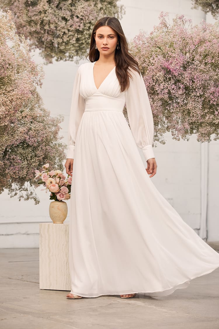Chiffon Maxi - White Long Sleeve Maxi - Chiffon Bridal Dress - Lulus
