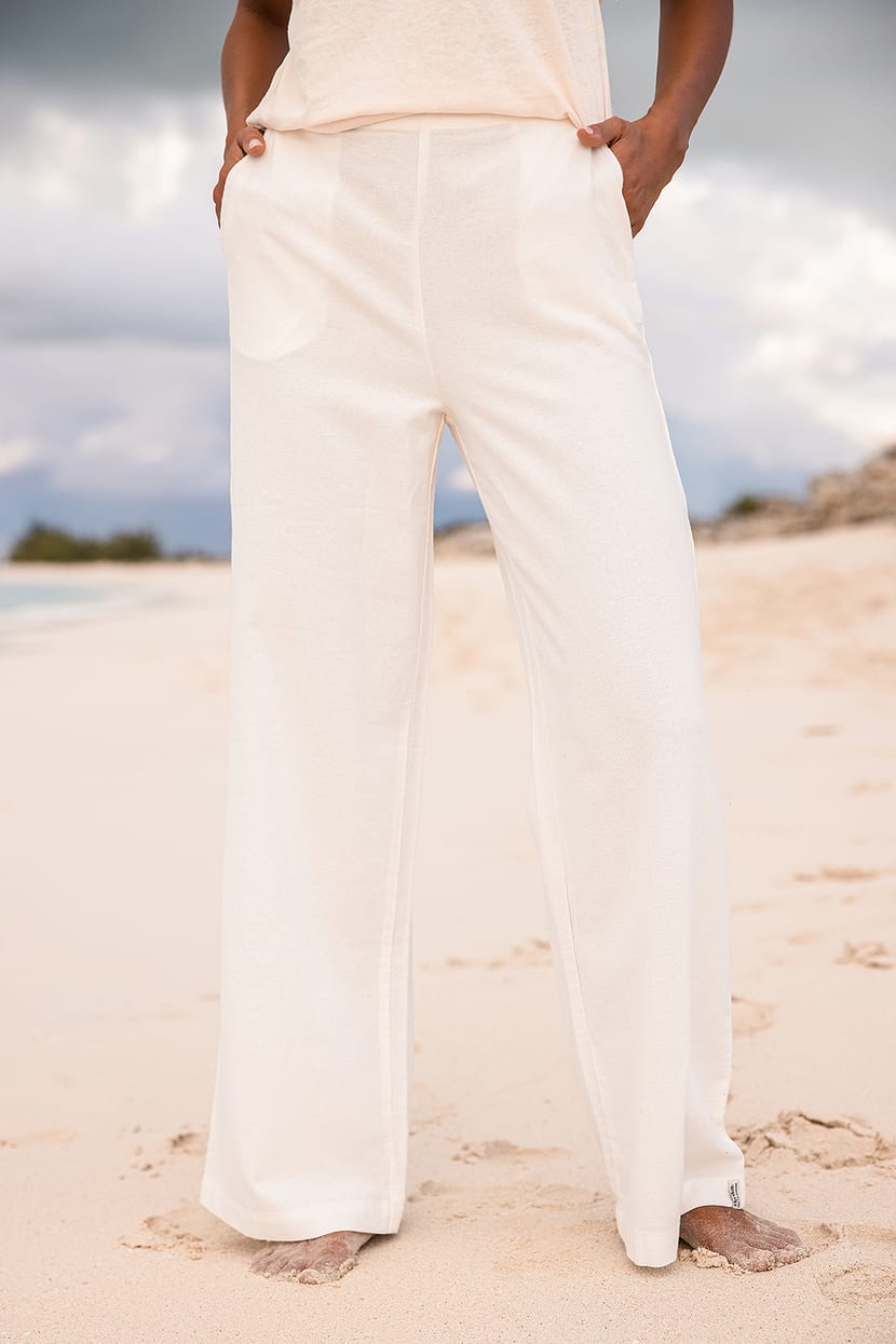 Sunny Moments White Side Button Wide-Leg Pants