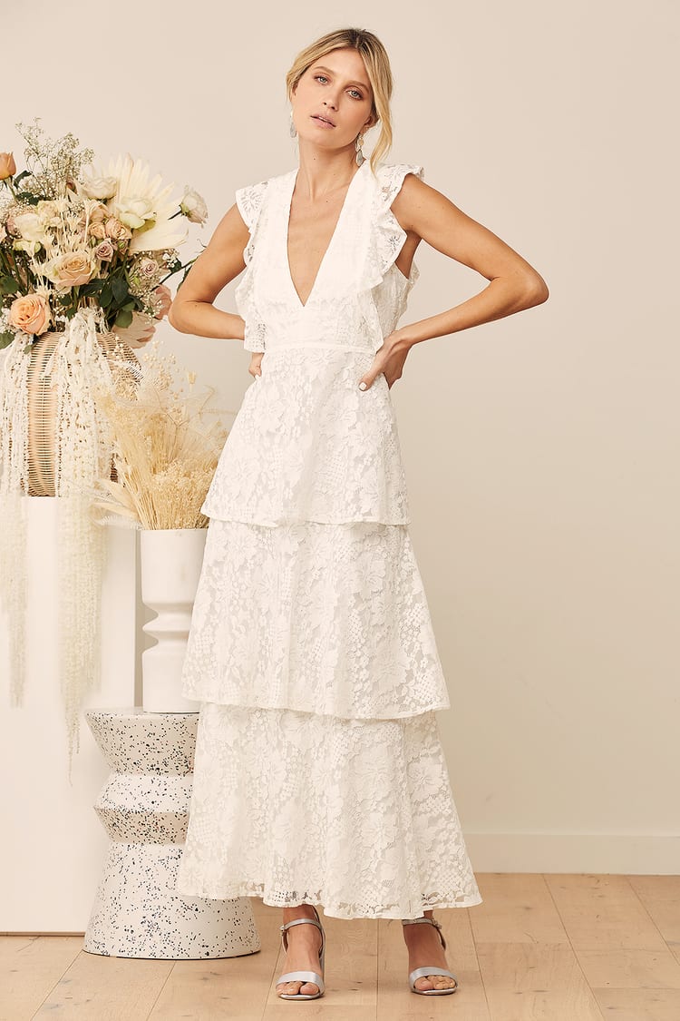 Lovely White Dress - Lace Dress - Maxi Dress - Tiered Maxi - Lulus