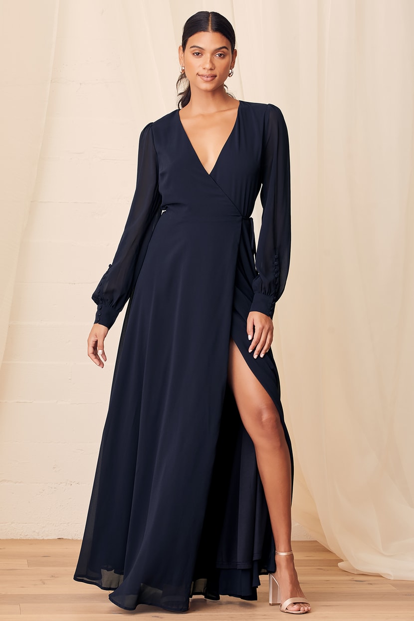 Navy Blue Long Sleeve Wrap Dress | Womens | Small | 100% Polyester | Lulus Exclusive