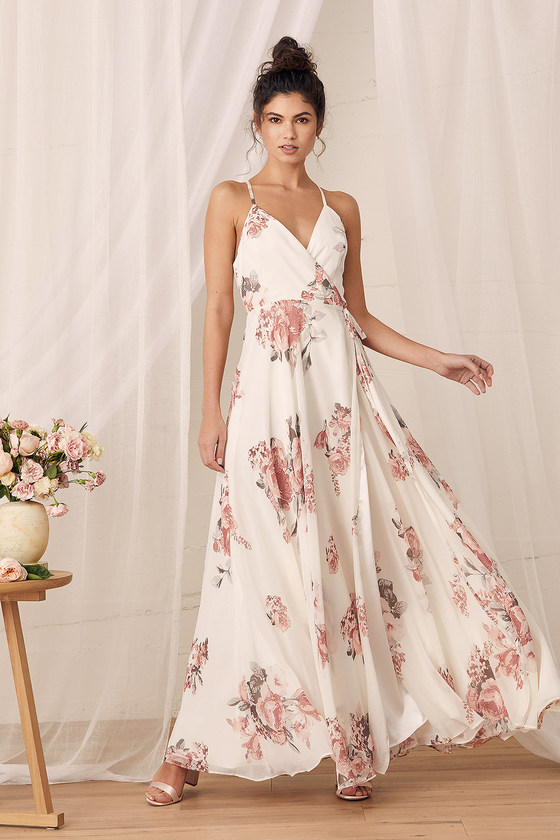 Lovely Cream Floral Print Dress Wrap Dress Maxi Dress Lulus 9317