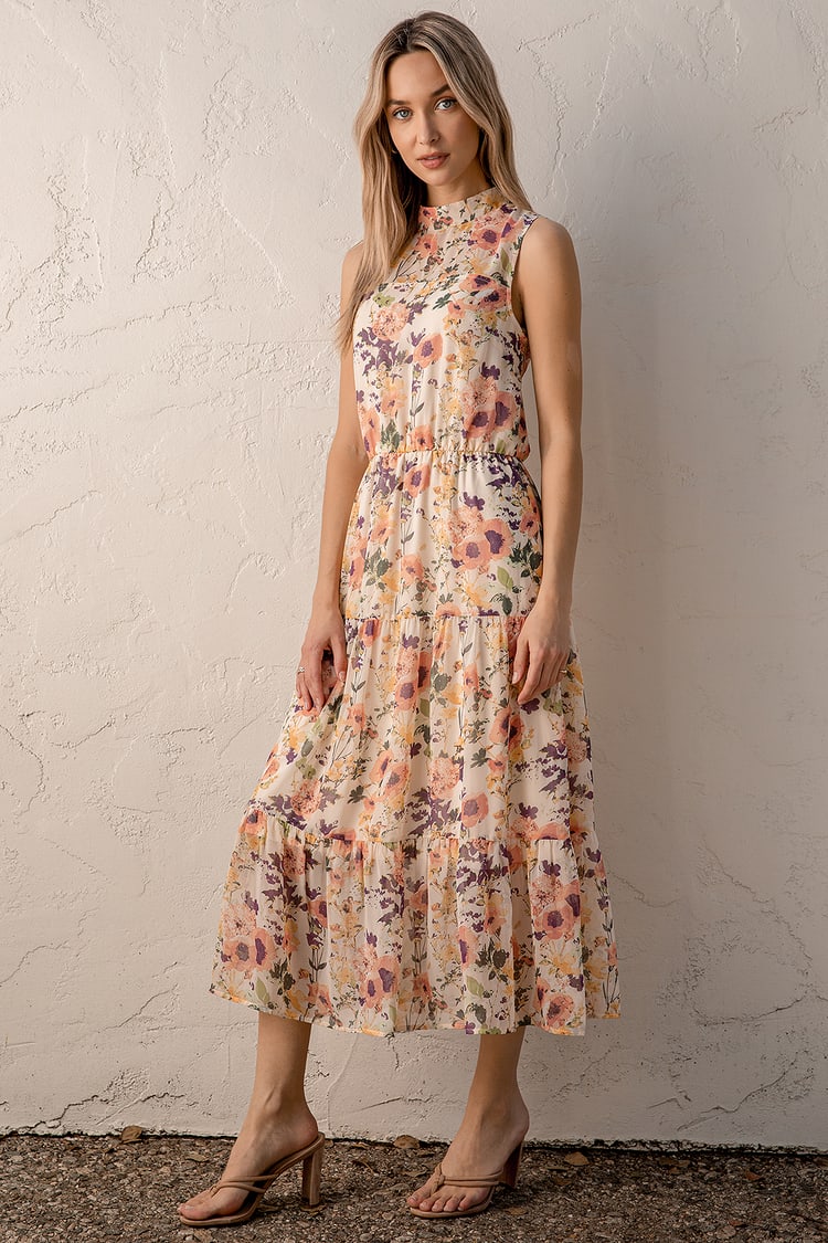Tiered Peach Dress - Floral Print Dress - Sleeveless Midi Dress - Lulus