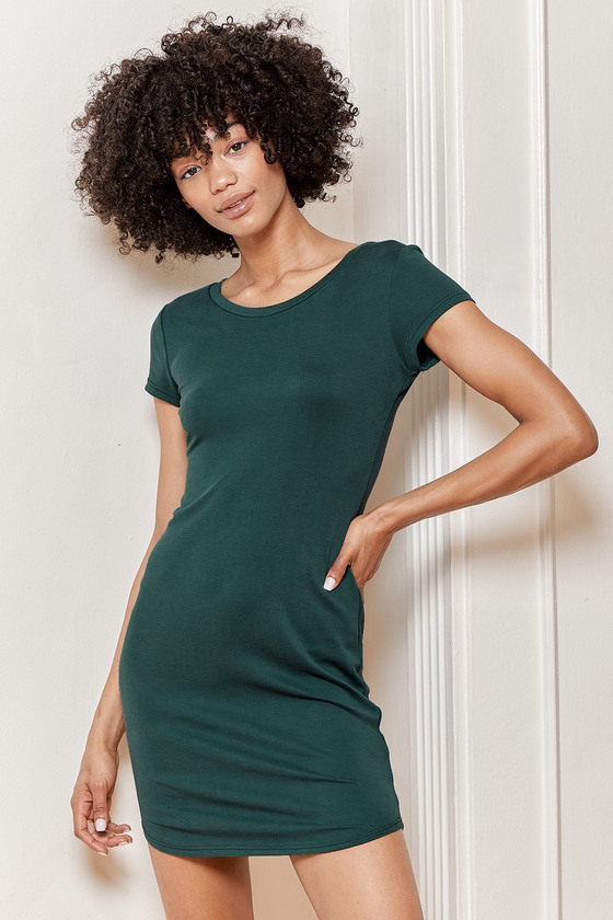 Cute Dark Green Dress - Short Sleeve Mini Dress - T-Shirt Dress - Lulus