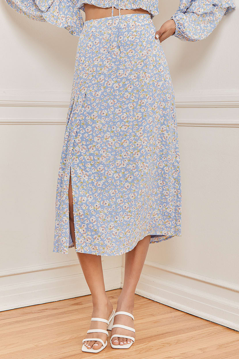 Light Blue Floral Print Skirt - Midi Skirt - A-Line Midi Skirt - Lulus