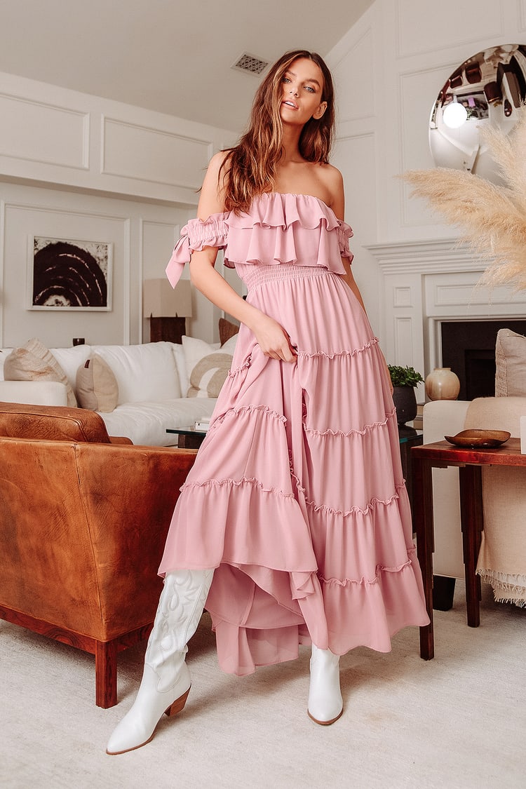 Blush Pink Maxi Dress - Off-the-Shoulder Dress - Ruffled Dress - Lulus