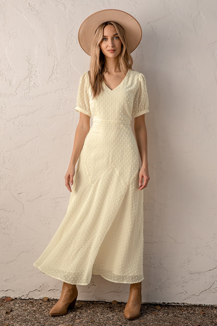 Cream Maxi Dress - Swiss Dot Dress - Short Sleeve Maxi Dress - Lulus