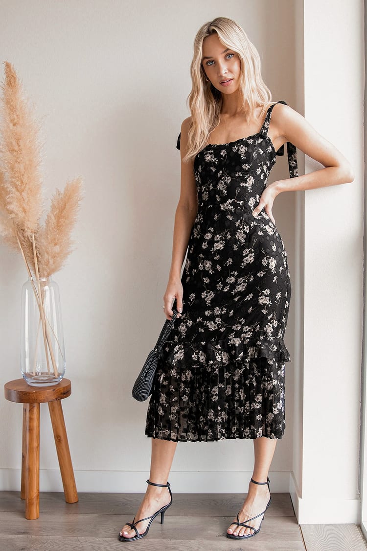 Black Floral Dress - Chiffon Midi Dress - Ruffled Midi Dress - Lulus
