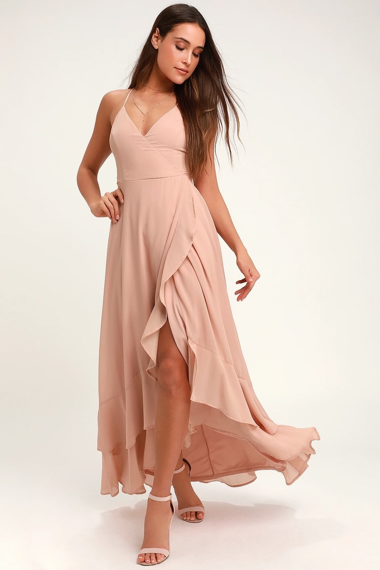 Glam Nude Wrap Maxi Dress - Lace-Up Dress - Ruffle Maxi Dress - Lulus