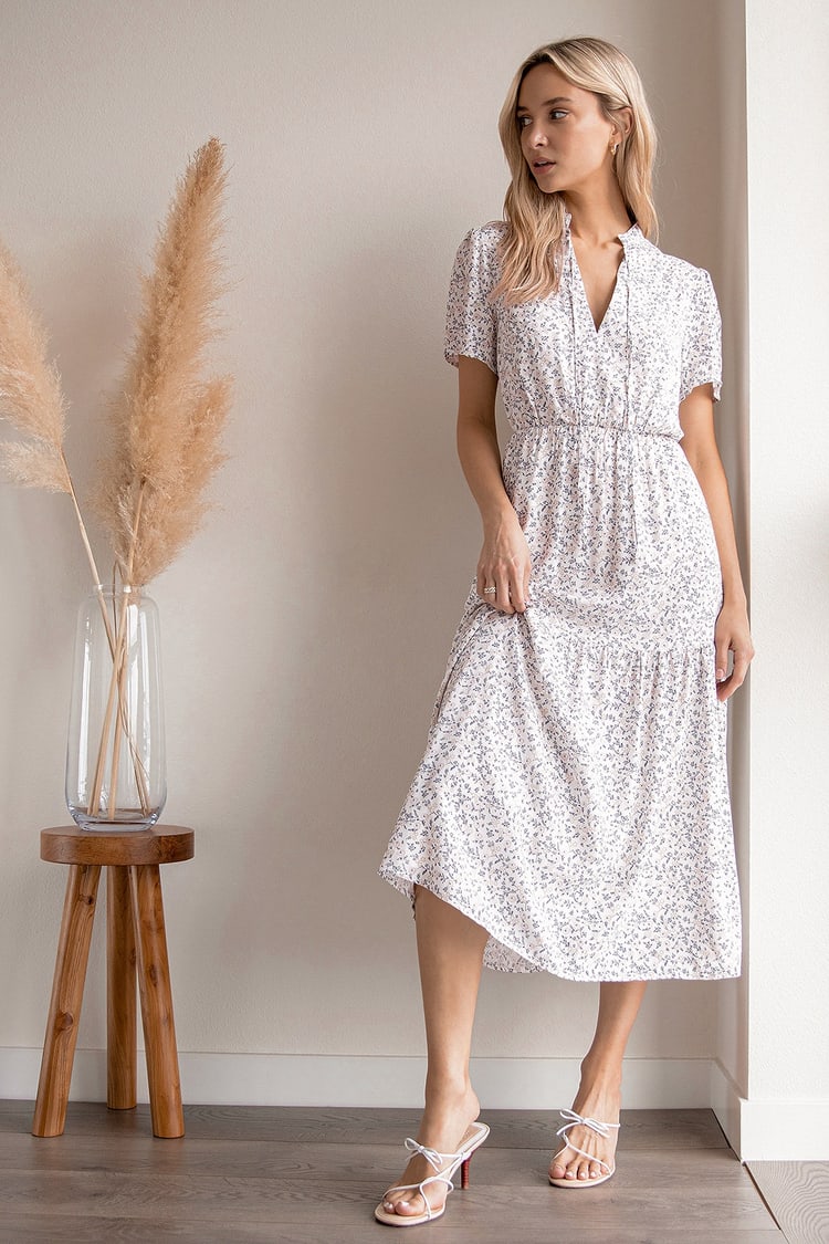 White Floral Print Dress - Short Sleeve Dress - Tiered Midi Dress - Lulus