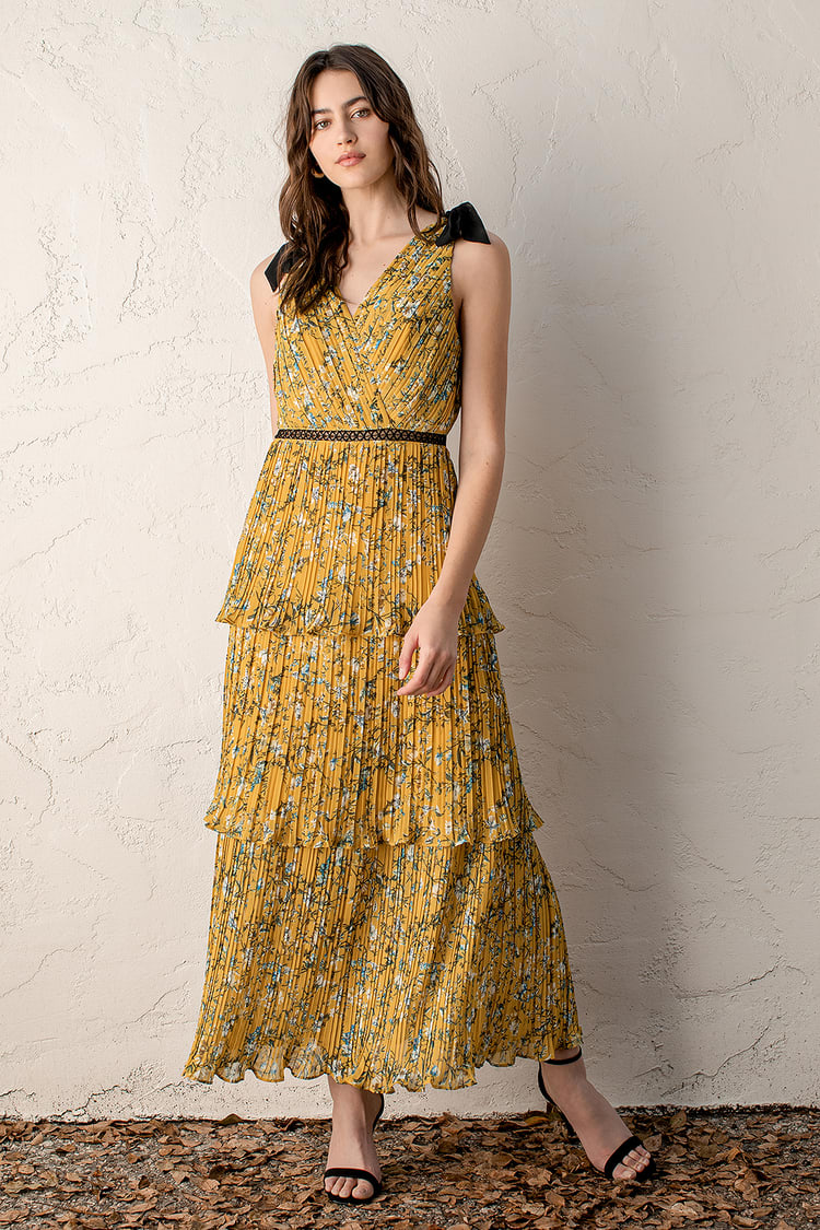 Yellow Floral Print Dress - Tiered Maxi Dress - Pleated Dress - Lulus