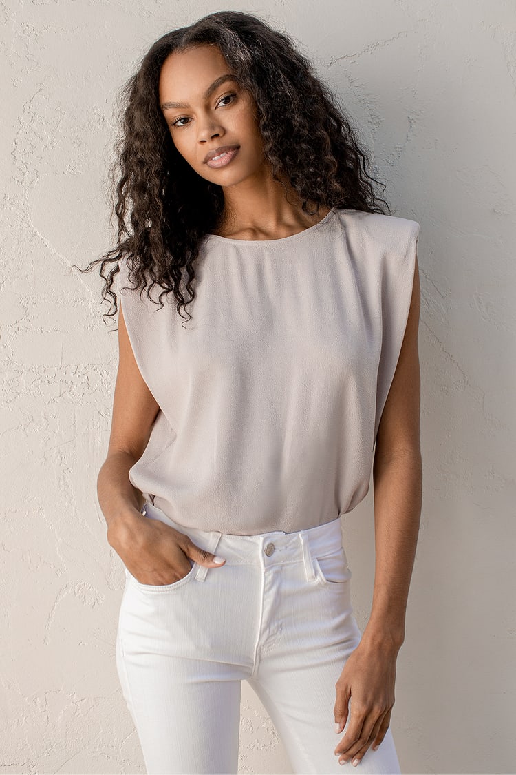 Sleeveless Taupe Top - Padded Shoulder Top - Muscle Tank - Lulus