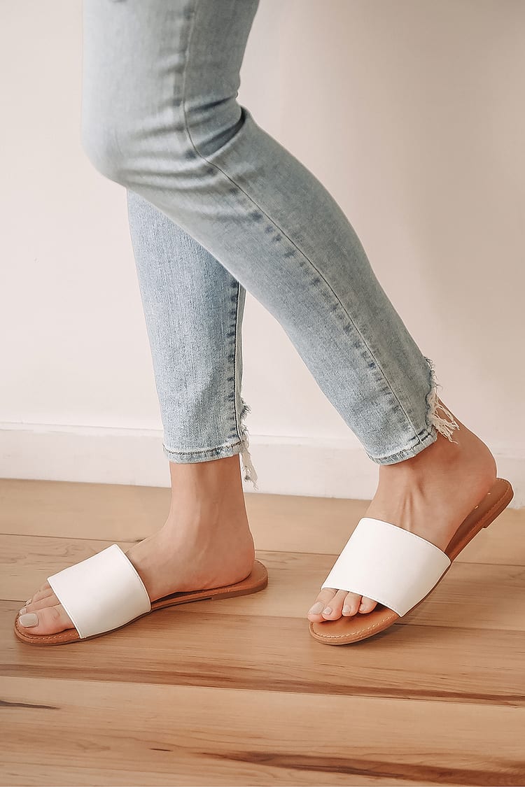 White Slide Sandals - White Sandals - Faux Leather Sandals - Lulus