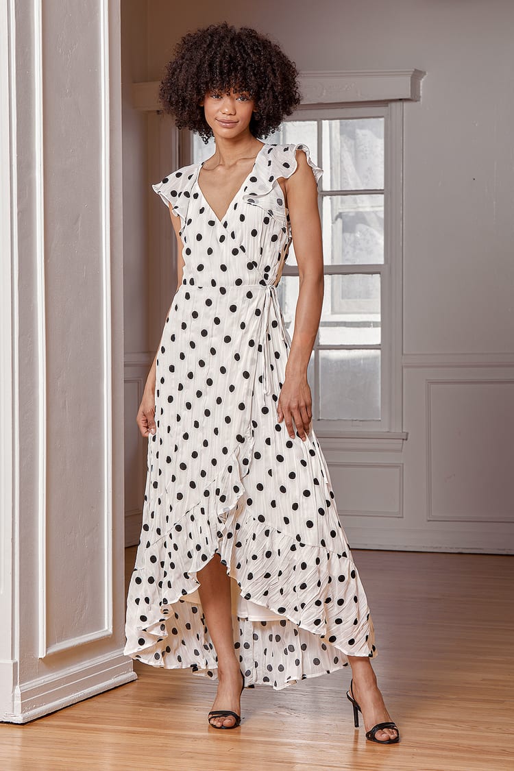 Cream Polka Dot Dress - Wrap Dress - Wrap Maxi Dress - Lulus