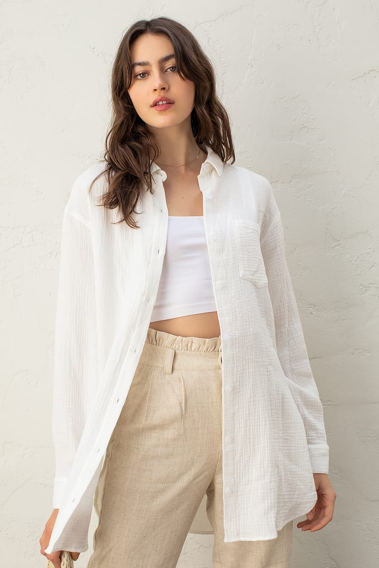 White Cotton Top - Oversized Long Sleeve Top - Button-Up Top - Lulus
