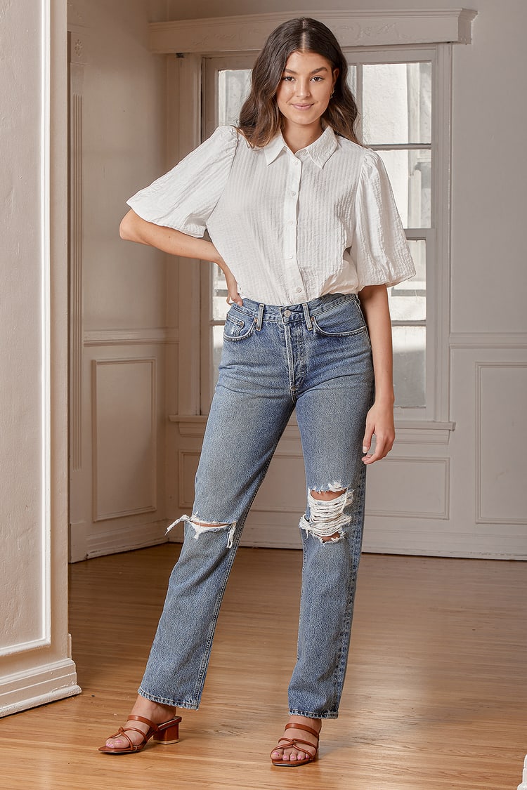 AGOLDE Lana Mid Rise Vintage - Straight Jeans - Light Wash Denim - Lulus