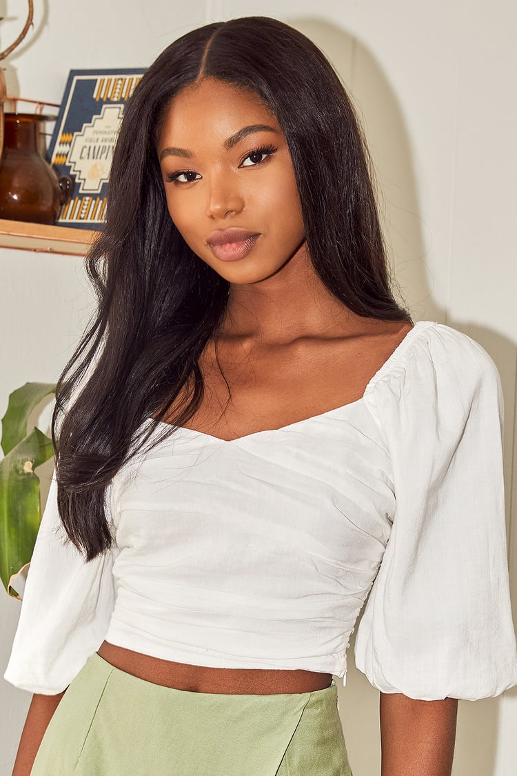 White Puff Sleeve Top - Pleated Crop Top - Cropped Blouse - Lulus