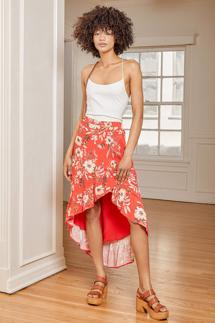Red Midi Skirt - Floral Print Skirt - Wrap Skirt - Ruffled Skirt - Lulus