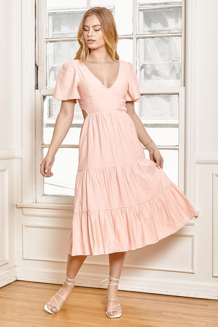 Cute Light Pink Dress - Tiered Midi Dress - Tie-Back Midi Dress - Lulus