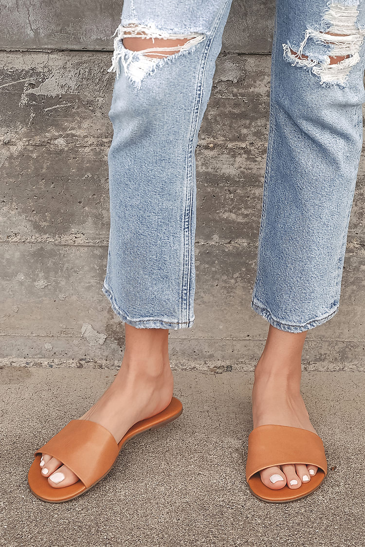 Cute Slide Sandals - Brown Slide Sandals - Leather Slides - Lulus
