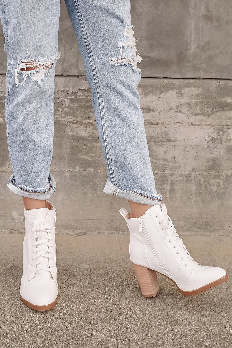White Lace-Up Boots - High Heel Boots - Faux Leather Ankle Boots - Lulus