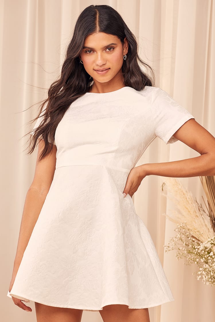 White Jacquard Dress - White Skater Dress - Mini Dress - Lulus