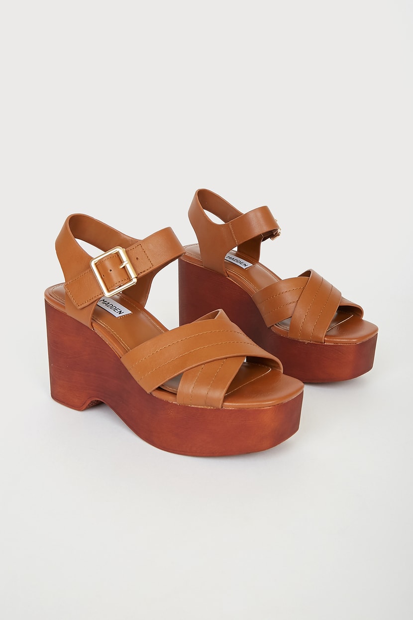 Steve Madden Thriving Tan Leather - Platform Sandals - Wedges - Lulus