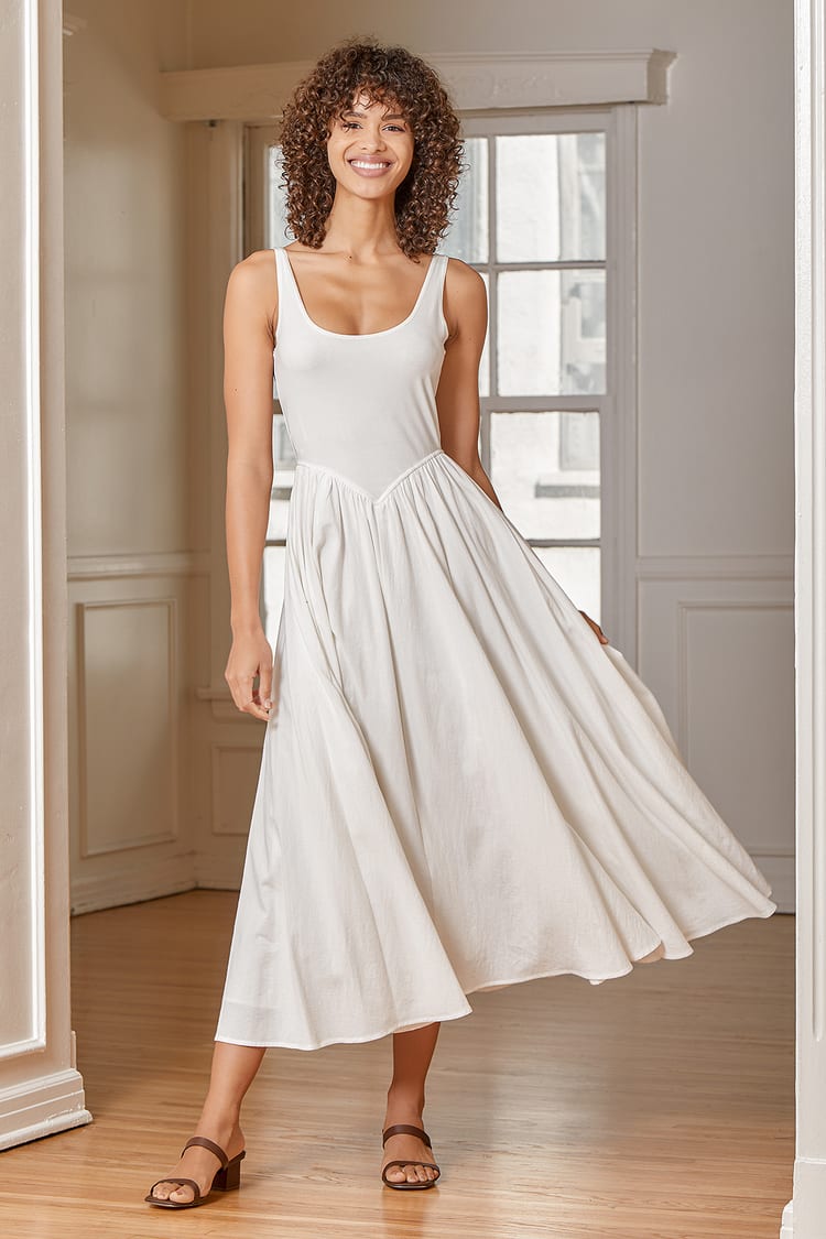 White Linen Midi Dress - Cotton Midi Dress - Scoop Neck Dress - Lulus