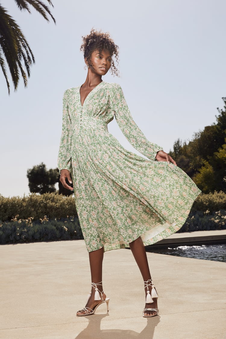 Bestemt vare Beundringsværdig Green Floral Midi Dress - Pleated Midi Dress - Long Sleeve Dress - Lulus