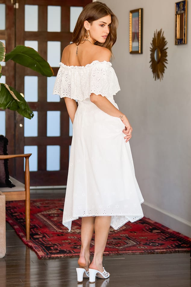 White Lace Off-The-Shoulder Midi Dress | Womens | Medium (Available in XS, S) | 100% Polyester | Lulus | Cocktail Dresses | Holiday Dresses