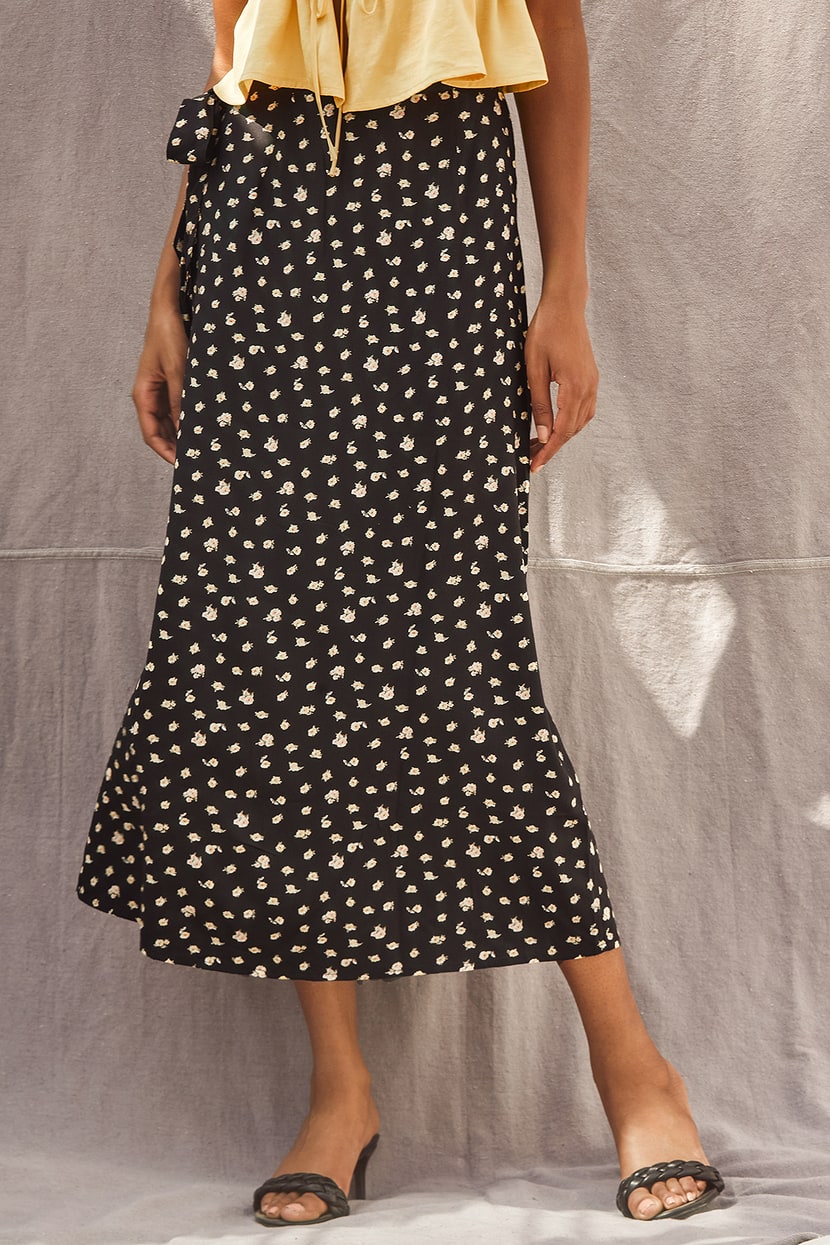 Billabong Ocean Air - Black Floral Print Skirt - Wrap Midi Skirt - Lulus
