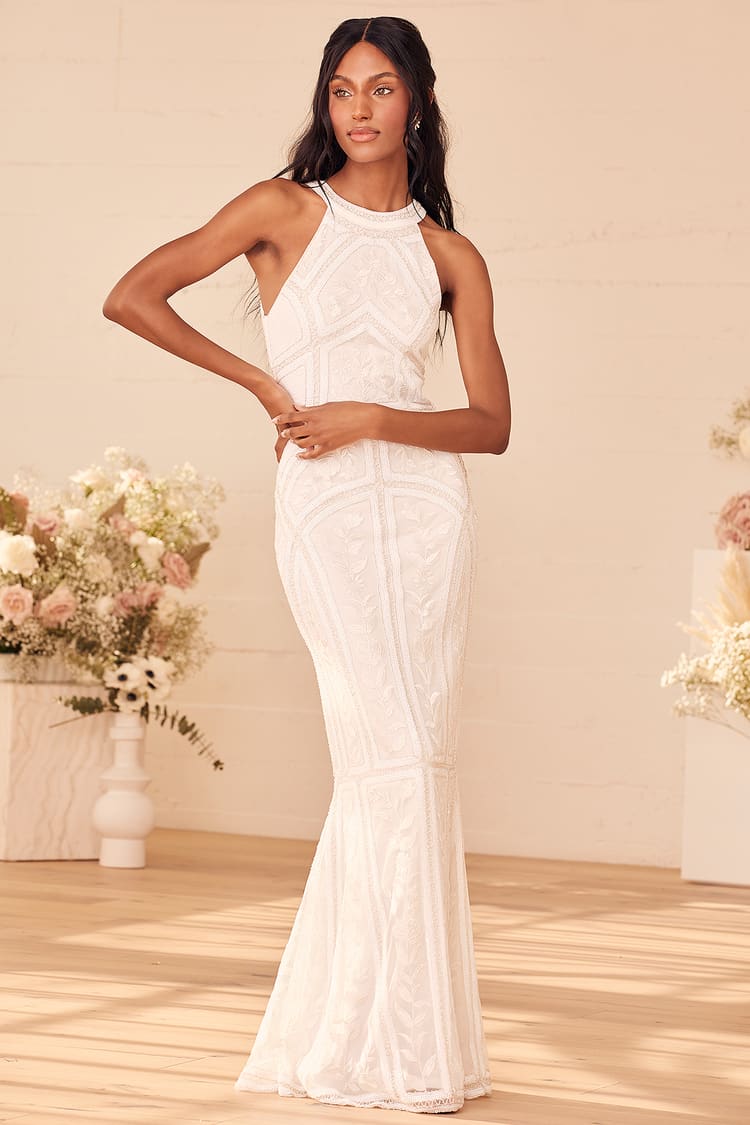 White Maxi Dress - Beaded Sequin Maxi Dress - Halter Maxi Dress - Lulus