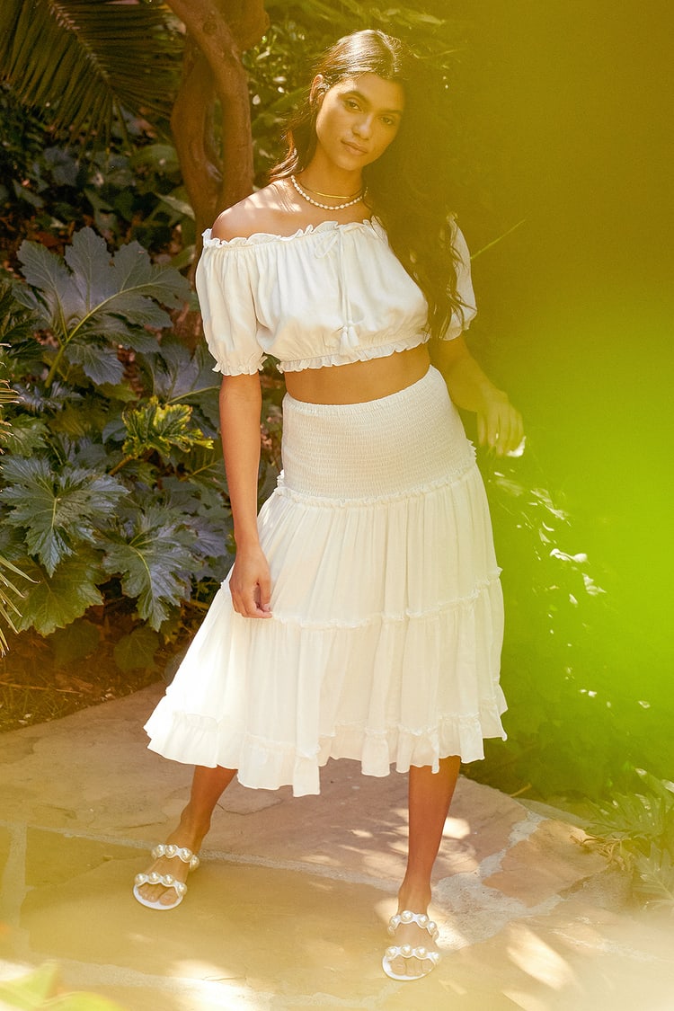 White Midi Skirt - High Rise Tiered Skirt - Smocked Midi Skirt - Lulus