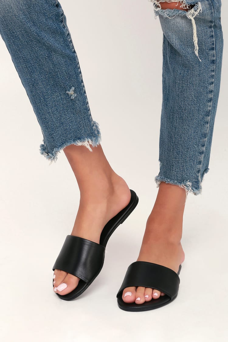 Cute Slide Sandals - Black Slide Sandals - Leather Slides - Lulus
