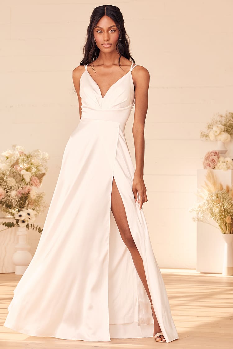 White Sleeveless Dress - Satin Wedding Dress - V-Neck Maxi Dress - Lulus