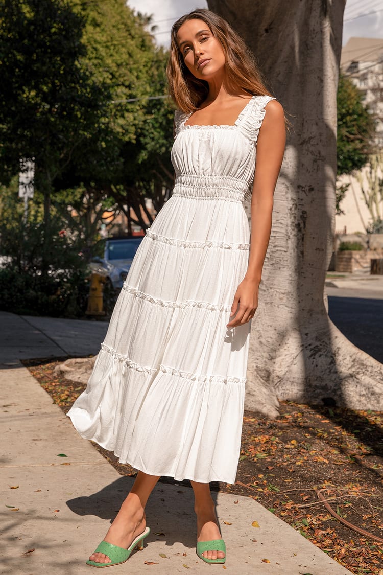 White Dotted Maxi Dress - Ruffled Maxi Dress - Tiered Maxi Dress - Lulus