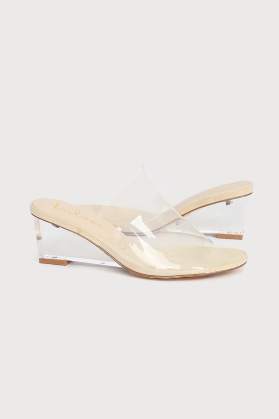 Light Nude Sandals - Clear Vinyl Heels - Lucite Wedge Sandals - Lulus