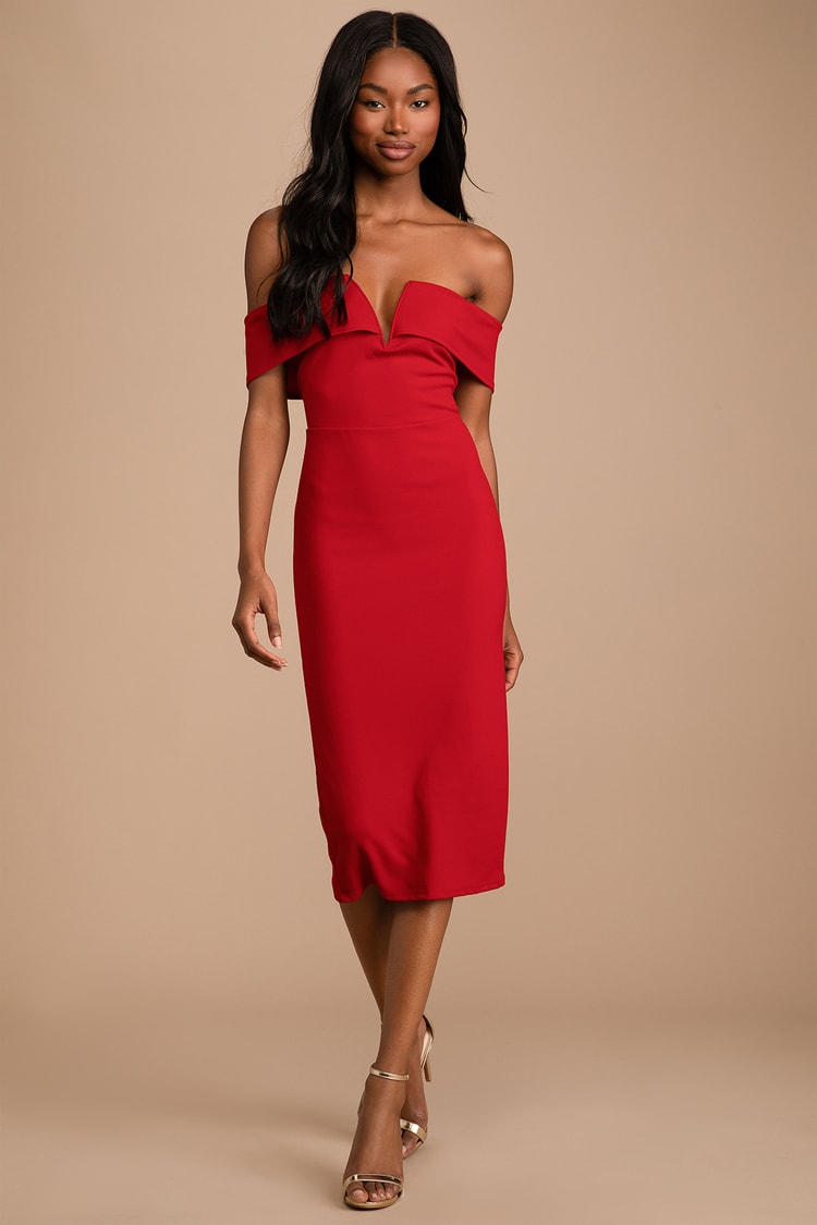 My Favorite Night Red Off-the-Shoulder Bodycon Midi Dress
