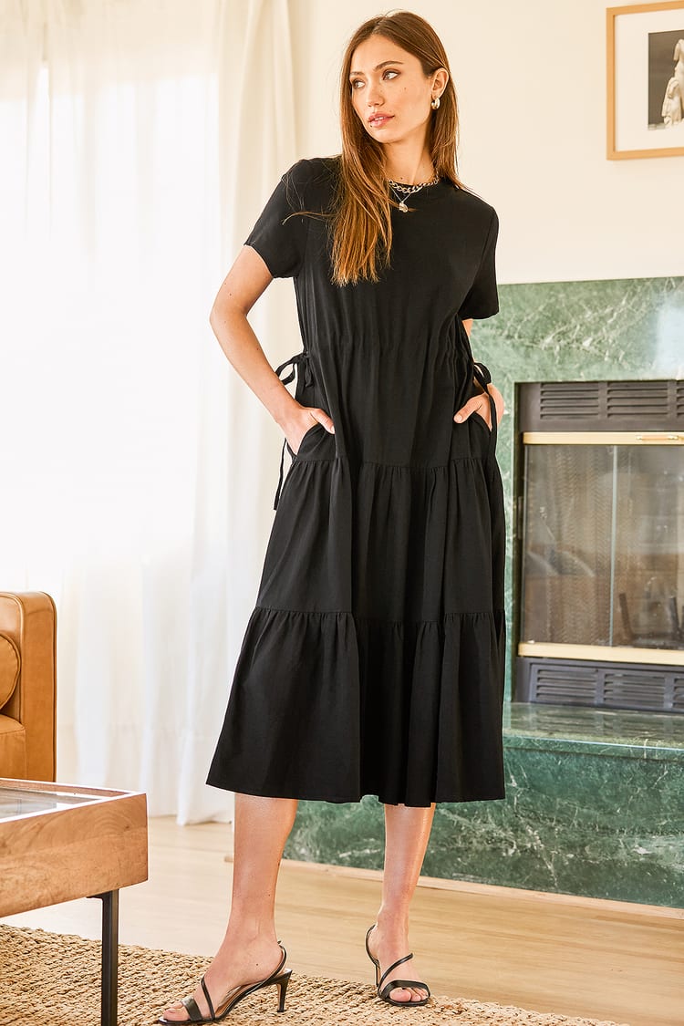 Black Midi Dress - Tiered Midi Dress - Drawstring Midi Dress - Lulus