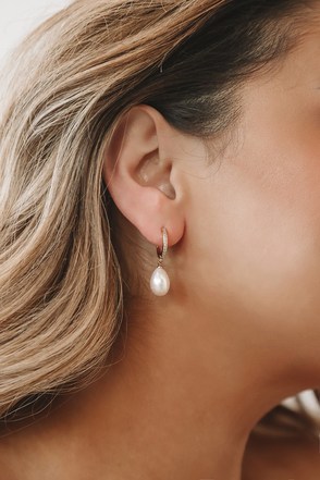 14KT Gold Earrings - Mini Hoop Earrings - Faux Pearl Earrings - Lulus