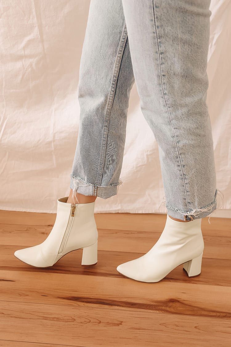 Off White Boots - Pointed-Toe Boots - Faux Leather Ankle Boots - Lulus